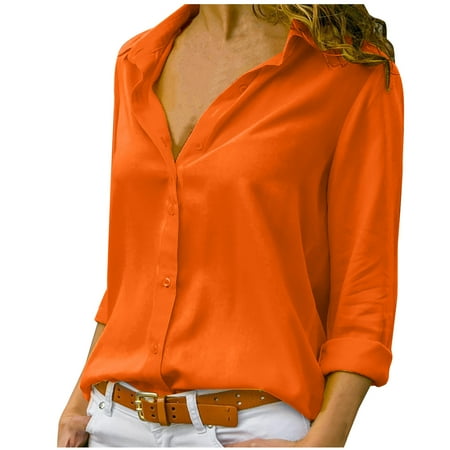 

Women Long Sleeve Tops Crop Tops For Shirts Plus Size Tops 2X Women s Casual Single-Breasted Lapel Solid Color Long-Sleeved Chiffon Shirt Tee Shirts Clerance Black Shirt Scrub (3XL Orange) TBKOMH