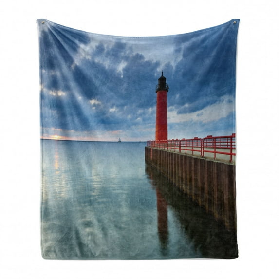 Wisconsin Soft Flannel Fleece Throw Blanket, Image of Milwaukee Lighthouse with Dramatic Cloudy Sky and Tranquil Pure Water, Cozy Plush for Indoor and Outdoor Use, 50" x 60", Multicolor, by Ambesonne