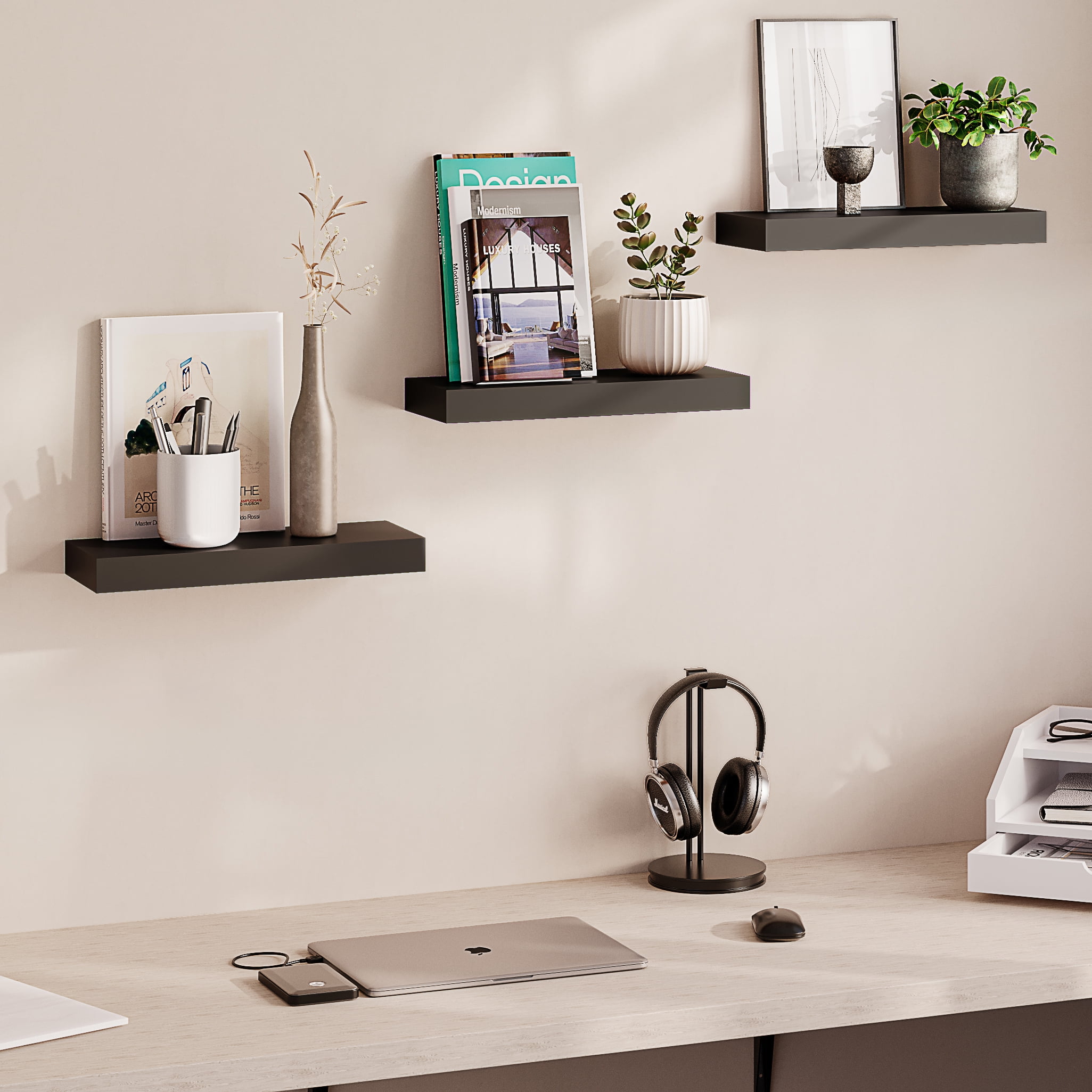 Ballucci 16" Floating Shelves for Wall, 3-Pack with Invisible Brackets, 6" Deep, Black