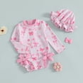 thumbnail image 5 of Okbabeha Baby Girls One Piece Swimsuit Zip Rash Guard with Hat Set Swimwear Ruffled Newborn Bathing Suit, 5 of 8