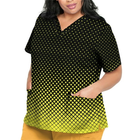

Sksloeg Scrub Tops Women Summer Plus Size Workwear V Neck Short Sleeve Gradient Printed Nursing Uniform Pattern Scrubs Shirts with Pockets Yellow XL