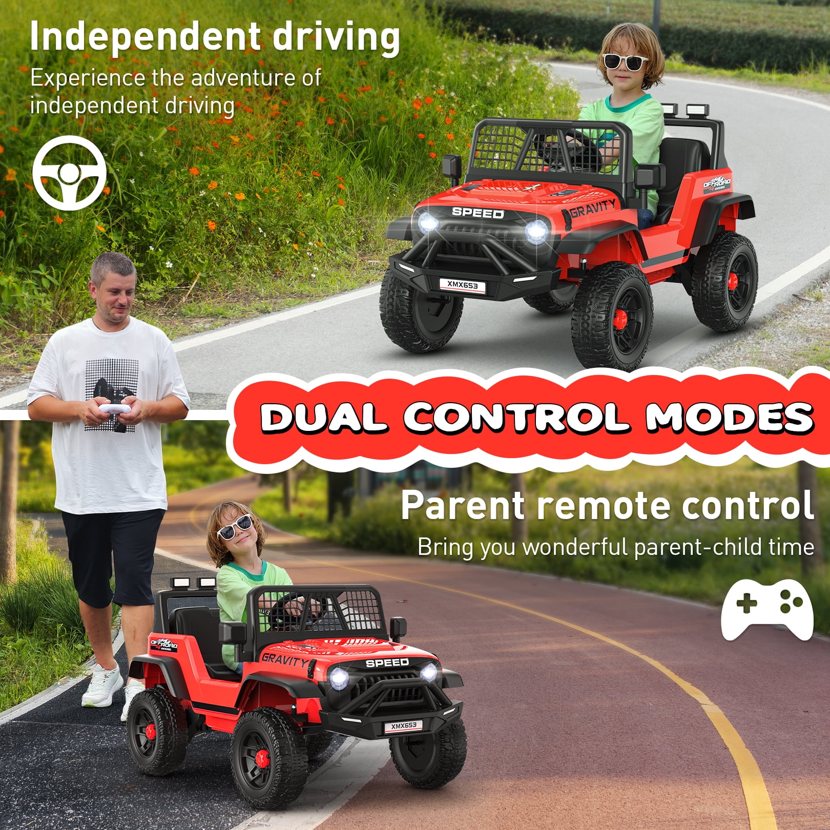 Funcid 12 Volt Ride on Toys for Toddlers Ride on Cars with Remote Control, Battery Powered Ride on Truck Car w/ Bluetooth Music, LED Lights, Spring Suspension, 3 Speeds, Red