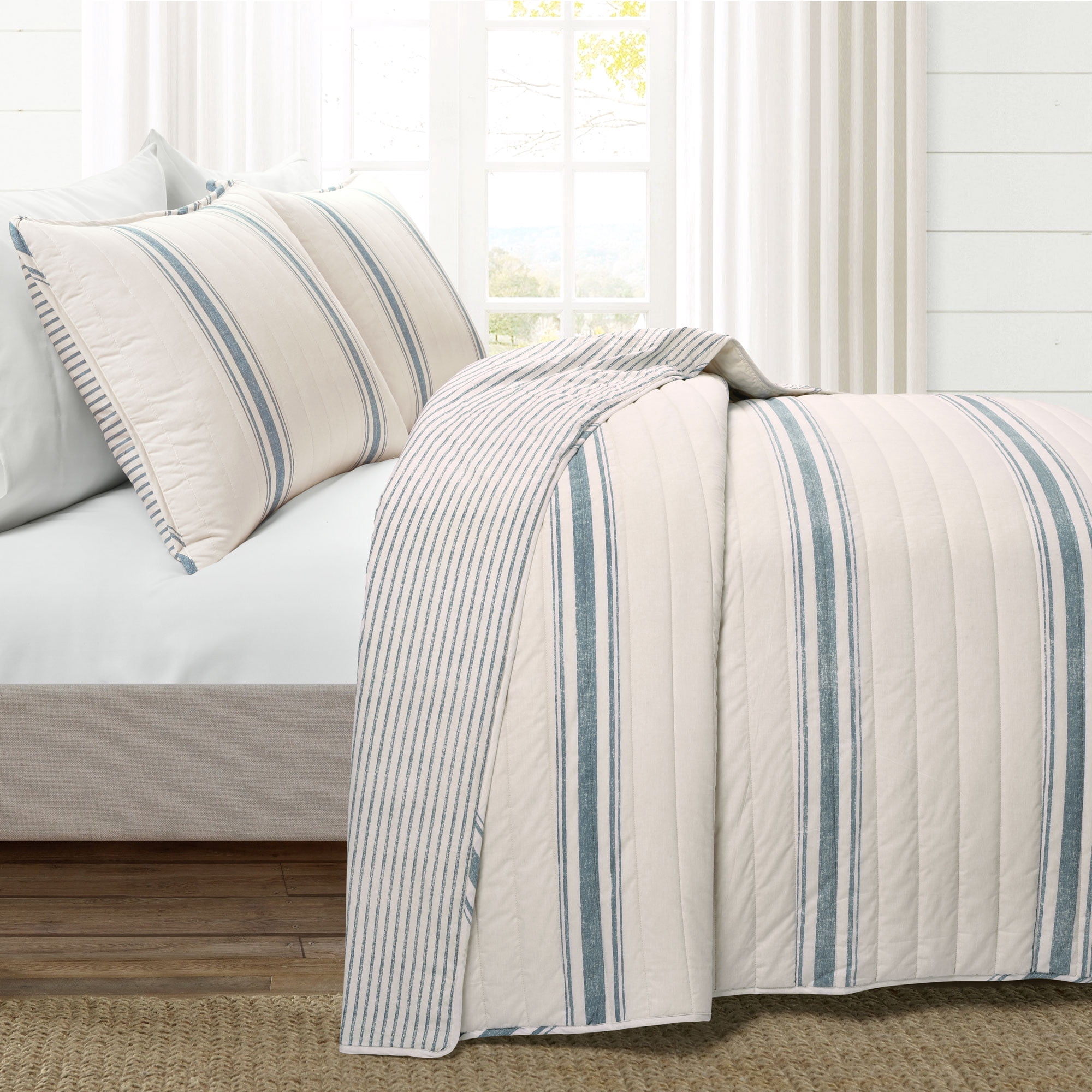 Lush Decor Farmhouse 460 Thread Count Striped 3 Piece Quilt Sets, Full/Queen With Quilt, Pillow Shams