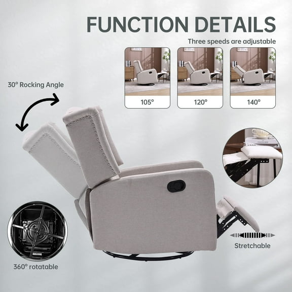 Newboti Furniture Rocking Recliner Chair,360 Degree Swivel Nursery Rocking Chair,Glider Chair,Modern Small Rocking Swivel Recliner Chair for Bedroom,Living Room Chair Home Theater Seat (Beige) 90503