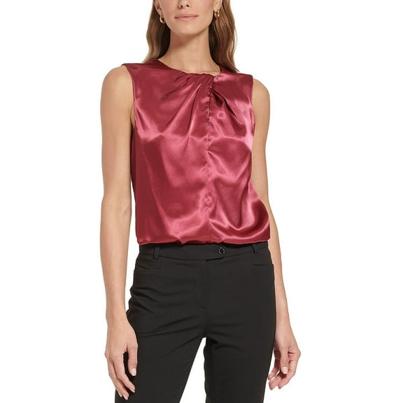 Calvin Klein Womens Sleeveless Pleat Neck Top Cranberry S