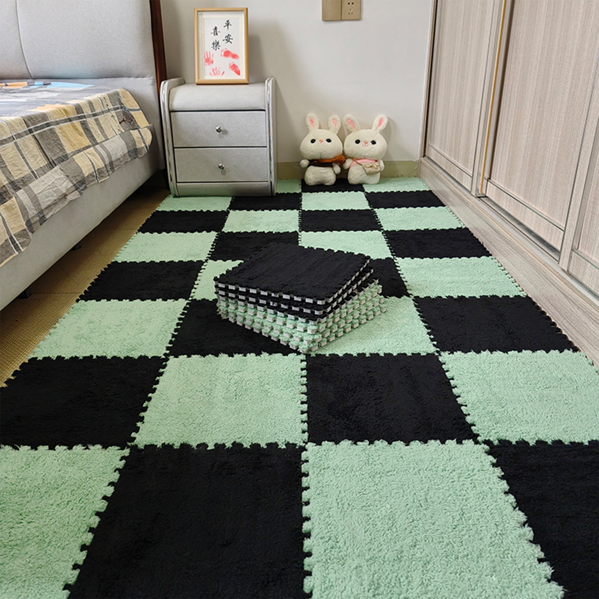 Interlocking Carpet Shaggy Soft EVA Foam Mats Fluffy Square Thickened Plush Tiles Protective Floor Tiles Exercise Play Mat for Children Kids Room Home Parlor Bedroom (Black, 12 Pcs)