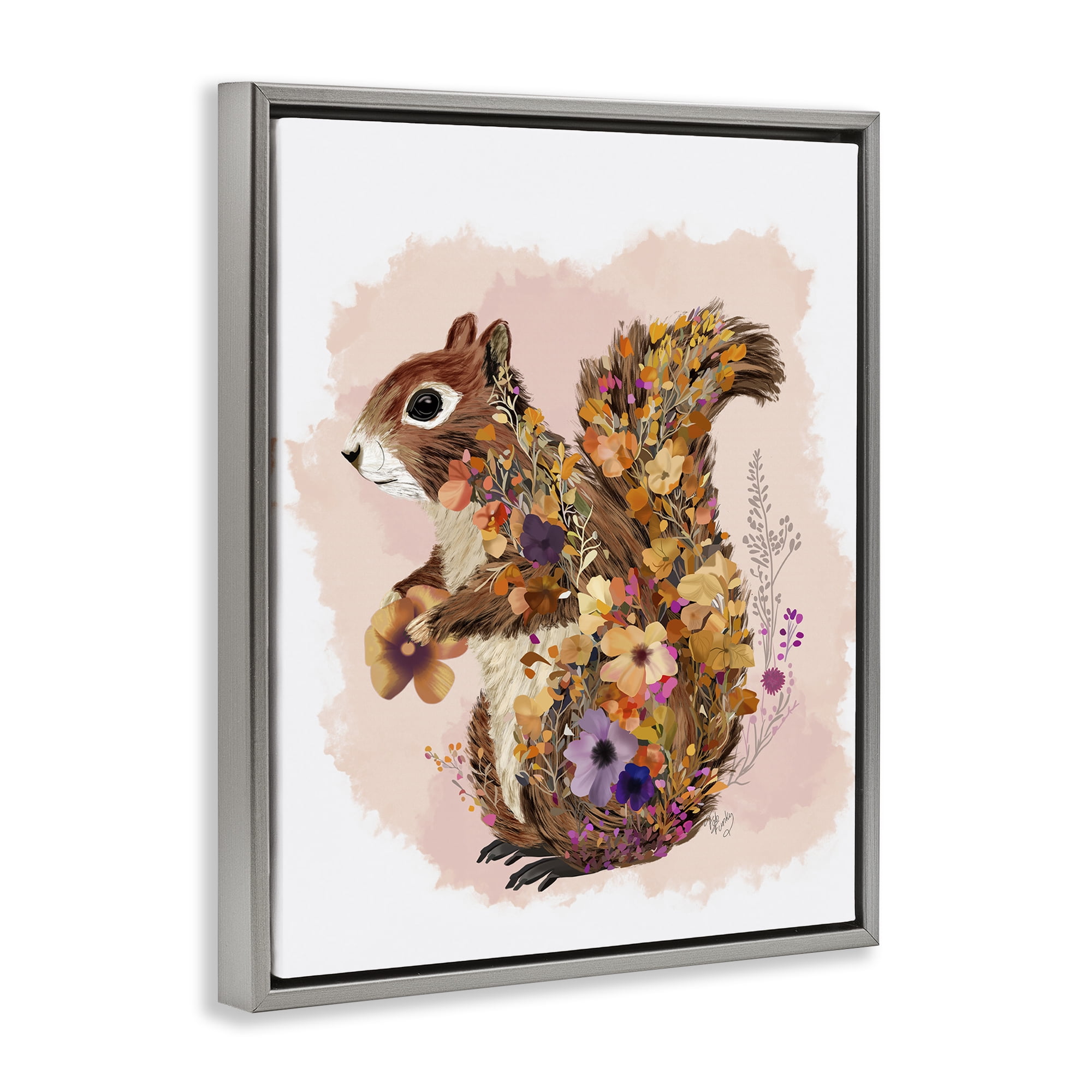 Stupell Industries Wildflower Patterned Squirrel Animals & Insects Painting Gray Floater Framed Canvas Art Print Wall Art, 17 x 21