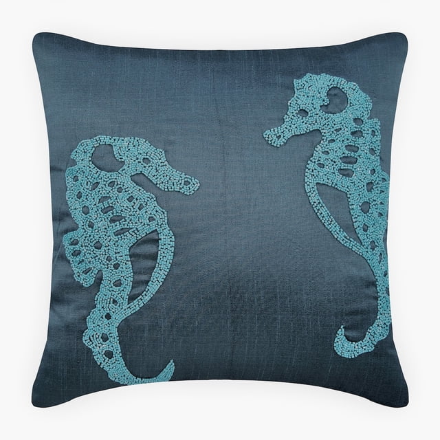 Funda de almohada azul con cuentas, diseño de caballito de mar y océano, 50 x 50 cm (20 x 20 pulgadas), decorativa, con diseño floral mediterráneo, cuadrada de seda, color mar - Caballito de mar