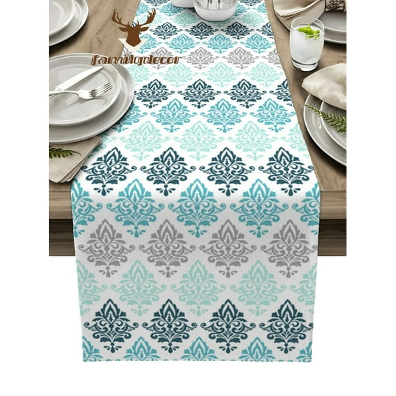Damask Pattern Gradient Aqua Table Runner Home Wedding Table Flag Mat Table Centerpieces Decoration Party Dining Long Tablecloth