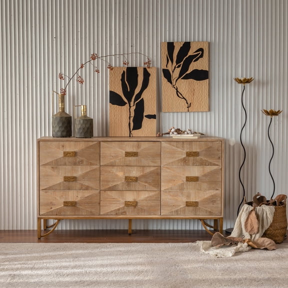 Noble House 59.44" Light Wood Sideboard Buffet, Drawer and Door Geometric Relief Cabinet with Gold Metal Legs, Natural