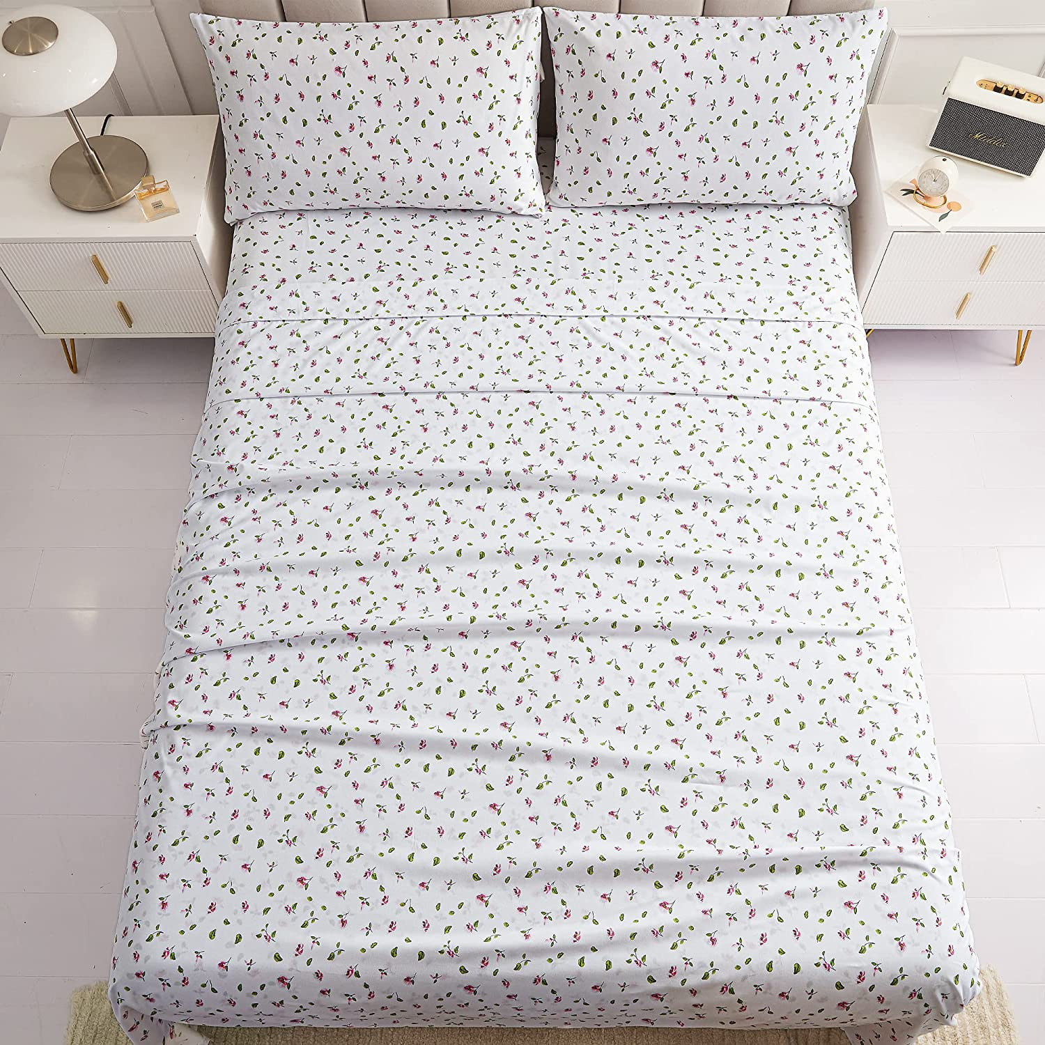 Viviland Floral King Sheets, Soft Breathable Microfiber Printed Bed Sheet Set, Deep Pocket Non