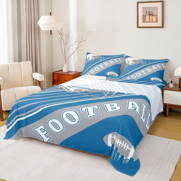 Feelyou Modern Rugby Football Twin Sheet Sets, Cartoon Soccer Helmet Twin Fitted Sheet, Blue Grey Abstract Stripes Flat Sheet, Luxury Bedroom Decor, 3pcs