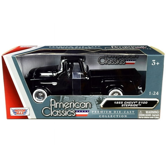 1955 Chevrolet 5100 Stepside Pickup Truck Black with Whitewall Tires American Classics 1/24 Diecast Model Car by Motormax