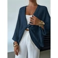 thumbnail image 3 of Women'S Twist Front Cropped Crochet Sweater Asymmetrical V Neck Oversized Bat Wing Pullover Knit Tops Blue M, 3 of 8