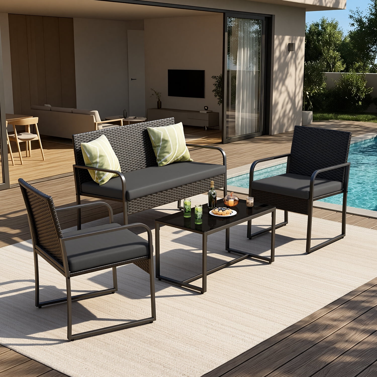 Patio Furniture Set Lofka 4 Pieces Outdoor Wicker Conversation Set with Tempered Glass Table, Modern Rattan for Balcony/Porch/Poolside, Black Cushion
