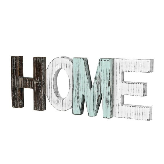 Rustic Wooden Block HOME Sign, Cutout Letters Weathered Wood, Freestanding Alphabets for Decoration, Multicolored
