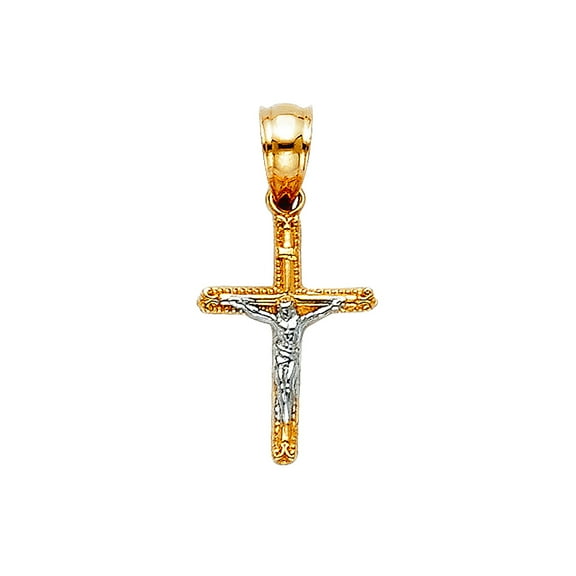 14k Yellow Gold and White Gold Tiny Crucifix Pendant Necklace 10x15mm Pendant for Women - .4 Grams