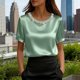 thumbnail image 1 of TaTaai Women's Office Casual Top Short Sleeve Round Neck Pearl Accent Solid Color Summer Blouse Professional Loose Fit Shirt Gift, 1 of 5