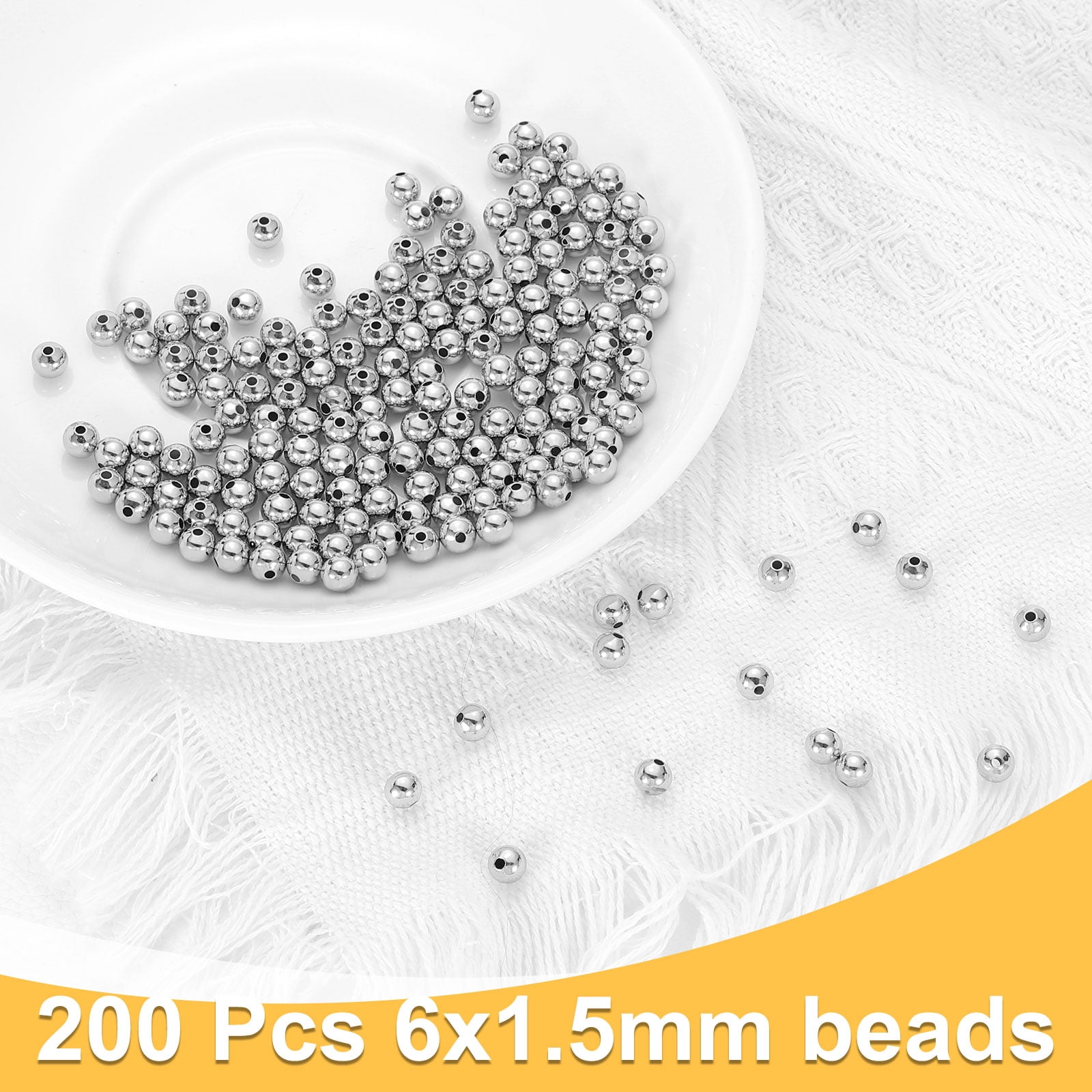 Uxcell 200pcs Spacer Beads, 6mm Round Filled Spacer Beads, Seamless Smooth Brass Loose Beads for Bracelets Necklaces Earrings Crafts Bulk Supplies, Silver Tone