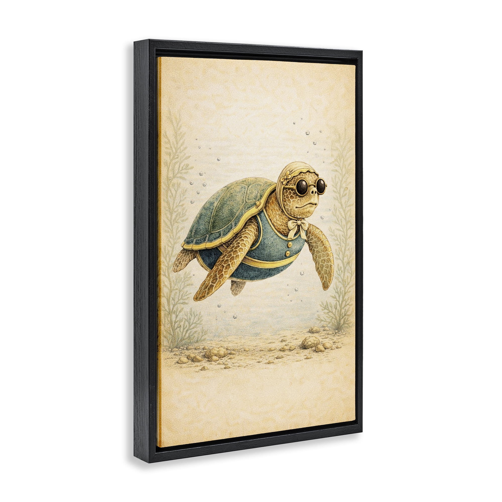 Stupell Industries Maritime Bathing Society Turtle Black Framed Floater Canvas Wall Art, design by Grotto Studios