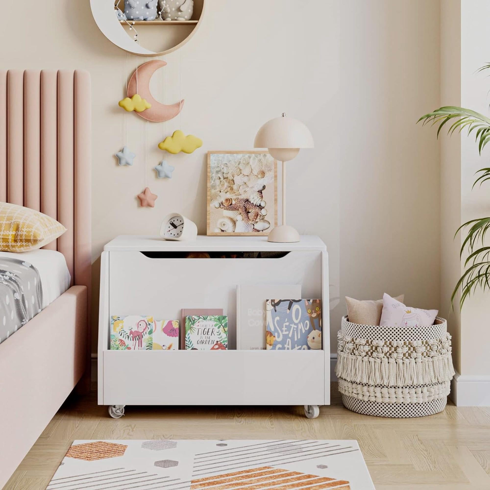 Glavbiku Wood Toy Box with 4 Wheels,Kids Toy Storage Organizer with Flip-Top Lid for Playroom,White