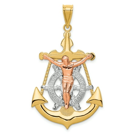 14k Gold Mariners Cross - 14k Tri Color Yellow White Gold Nautical Anchor Ship Wheel Mariners Crucifix Cross Religious Pendant Charm Necklace Mariner For Women