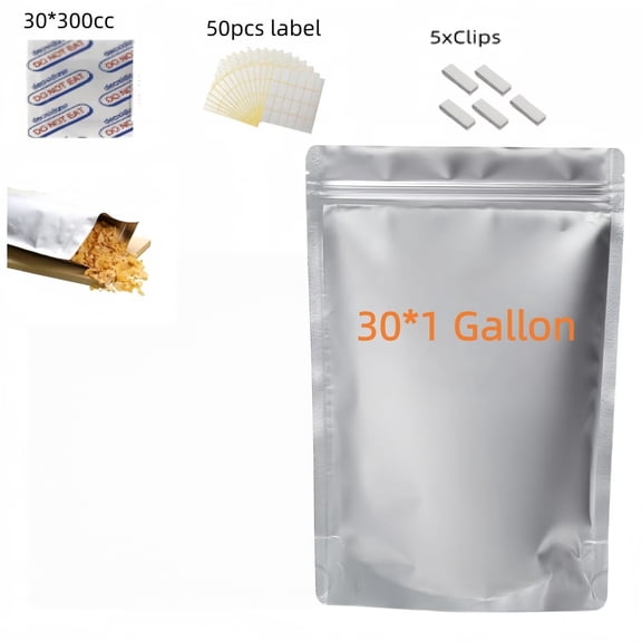 30 Pack Mylar Bags for Food Storage, 1 Gallon 10x14 Inch Heat Sealable Bags with Oxygen Absorbers and Labels, Silver
