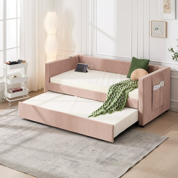 Jopath Twin Size Upholstered Daybed Frame with Trundle,USB Port ,Side Pockets,Velvet Daybed with V-grained Backrest Design for Bedroom Living Room Guest Room Pink