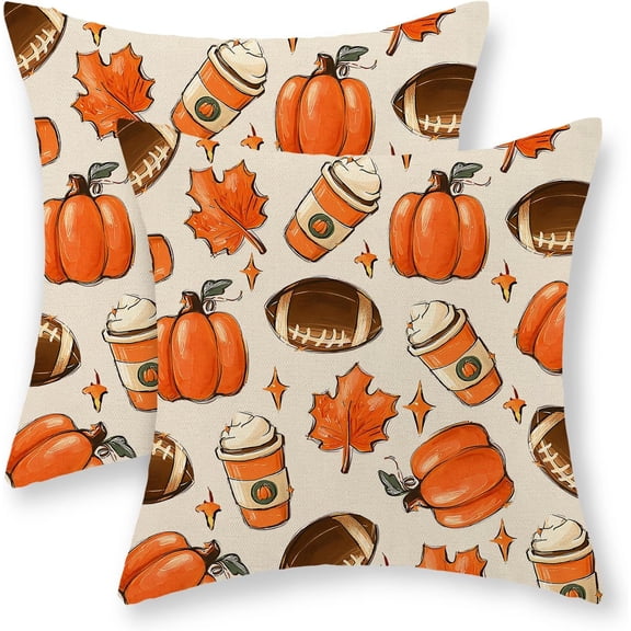 Fall Pillow Covers 18x18 Set of 2 Orange Football Maple Leaf Pumpkin Throw Pillows Autumn Harvest Thanksgiving Decoration Linen Outdoor Pillowcase Fall Home Decor Cushion Case for Couch Sofa