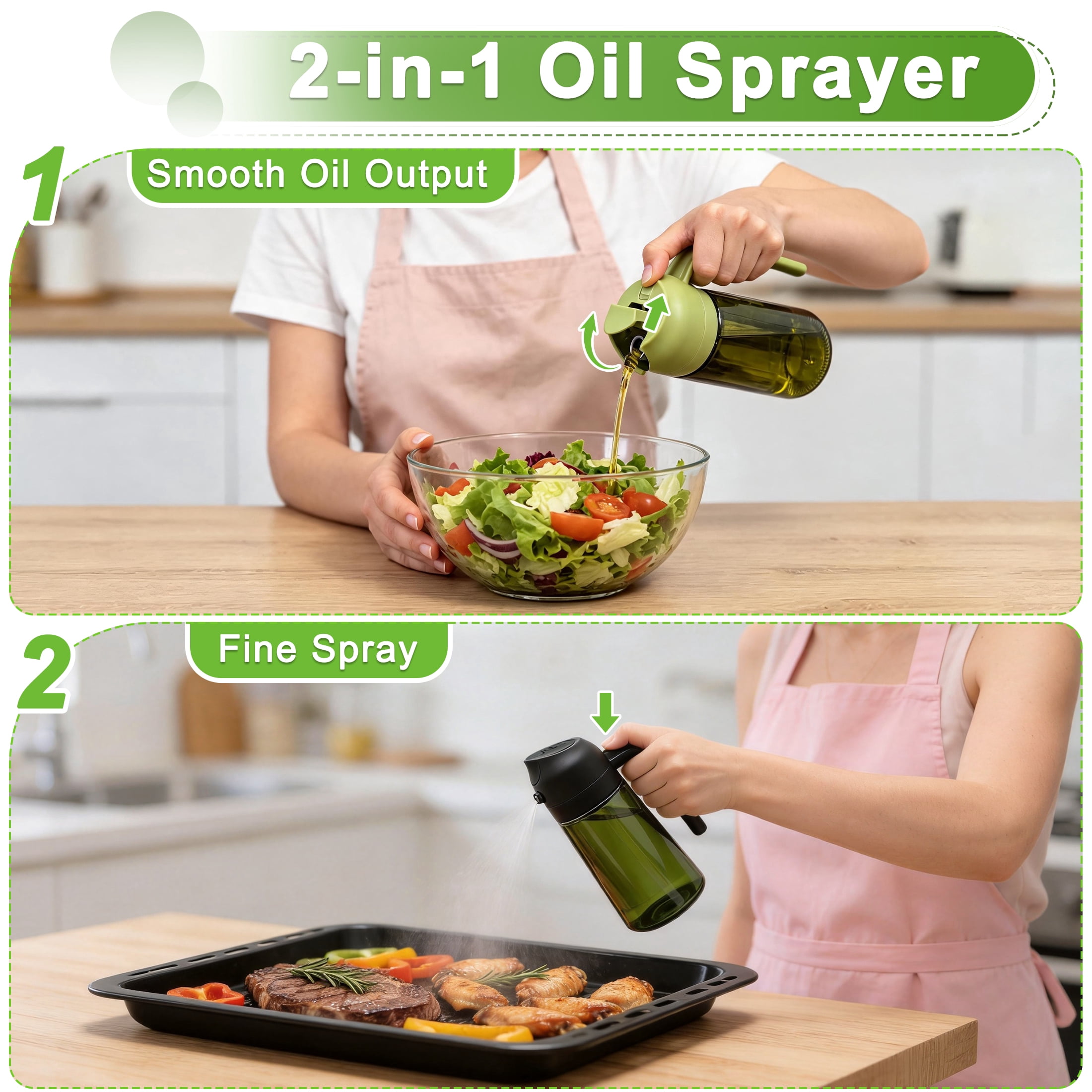 2 in 1 Oil Dispenser and Oil Sprayer Bottle, 16OZ Dual Purpose Kitchen Oil Container, Olive Oil Sprayer Bottle for Cooking, Salad, Barbecue & Air Fryer(Black & Green)