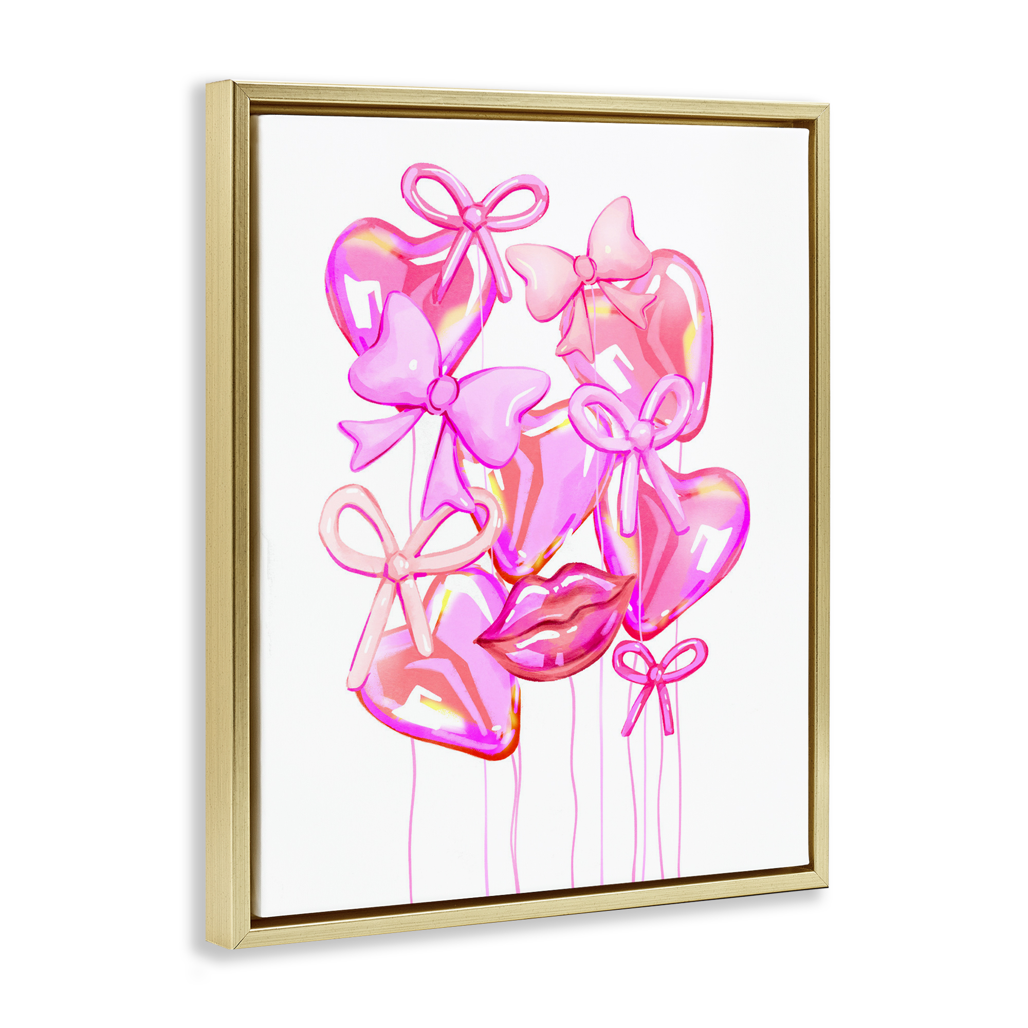 Pink Heart and Bow Balloons Gold Framed Floater Canvas Wall Art, design by Ziwei Li