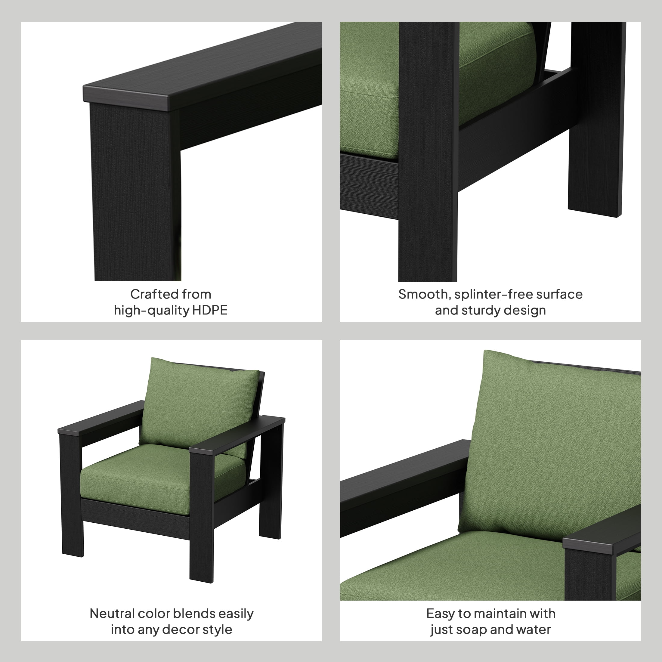 Better Homes & Gardens Ezra Outdoor HDPE Club Chair, Black with Green Cushions