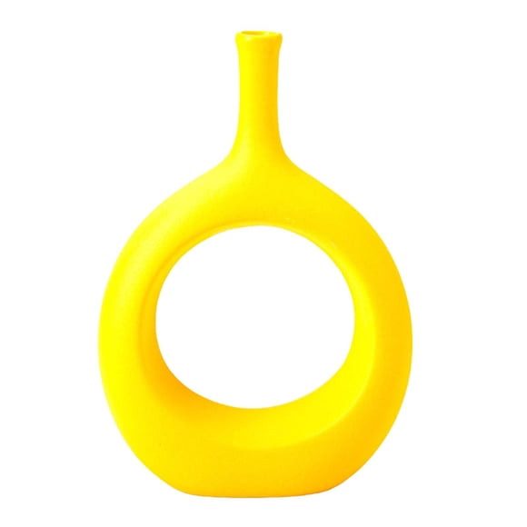 Jarrón de cerámica circular moderno, florero, florero tipo donut, florero redondo para sala de estar Amarillo