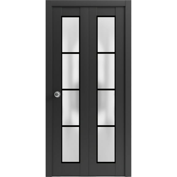 Sliding Closet Bi-fold Doors 36 x 80 inches | Planum 2132 Matte Black Frosted Glass | Sturdy Tracks Moldings Trims Hardware Set | Wood Solid Bedroom Wardrobe Doors