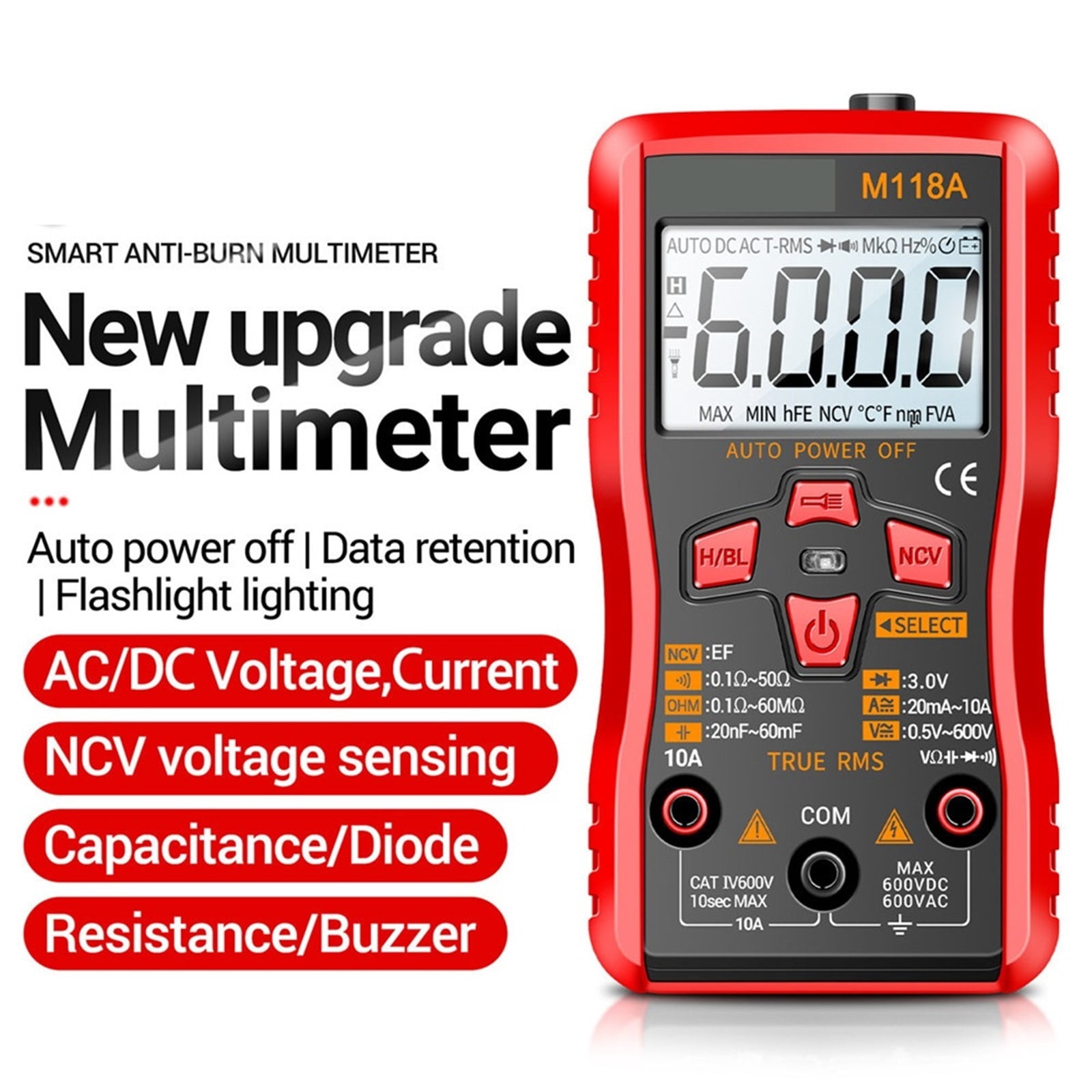 Digital Mini Multimeter Tester 6000counts Auto Mmultimetro True Rms Tranistor Meter With NCV Data Hold Flashlight ,Battery Test