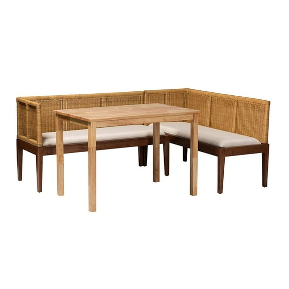 bali & pari Bohemian Natural Brown Rattan and Brown Acacia Wood 3-Piece Dining Nook set