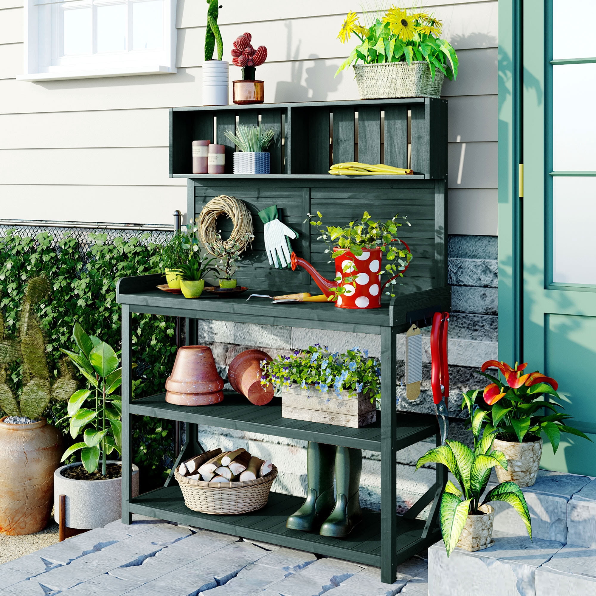 MAYEERTY 65" Tall Outdoor Wood Potting Bench, Farmhouse Garden Workstation with 4-Tier Storage Shelves, Side Hooks & Anti-Falling Safety Device for Patio, Backyard, Lawn