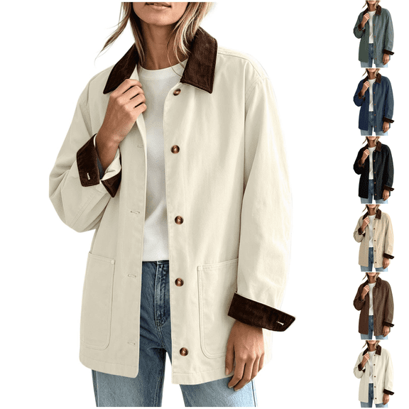 Womens Barn Jacket Corduroy Long Sleeve Collar Button Front Work Casual Shacket White L
