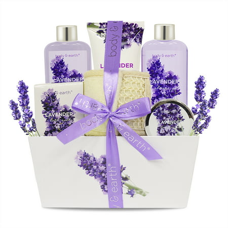 Bath Spa Gift Set, 7 Pcs Gift Basket Lavender Scented Spa Kits for Women, Contains Shower Gel, Bubble Bath, Body Lotion, Bath Salt, Body Scrub, Back Scrubber, Best Gift for Her