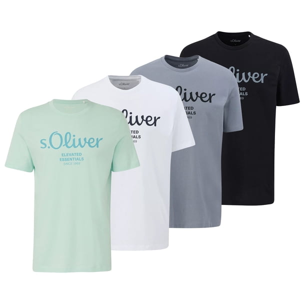 s.Oliver Camiseta para hombre, pack de 4 - básica, estampado logo, cuello redondo, algodón Verde claro/Blanco/Gris claro/Negro XL (X-Large)