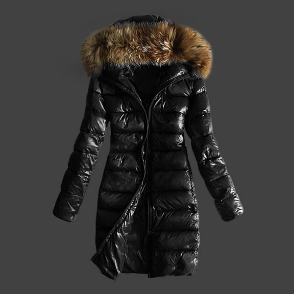 Women's Quilted Winter Warm Coat with Fur Collar and Hooded Jacket, Thick and Insulated for Freezing Temperatures, in Black, Size L