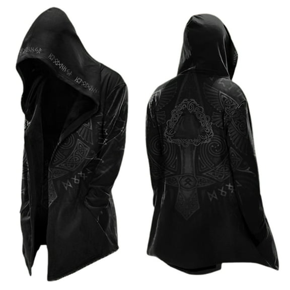 Mens Hooded Jacket Nordic Myth Mid Length Retro Biker Jacket Spring Fall Cardigan Khaki XXXL