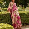 thumbnail image 2 of Morttic Women's Bohemian V-Neck Long Sleeve Floral Print Maxi Dress – Loose Summer Vacation Garden Party Beach Dress Rose Red，XS, 2 of 6