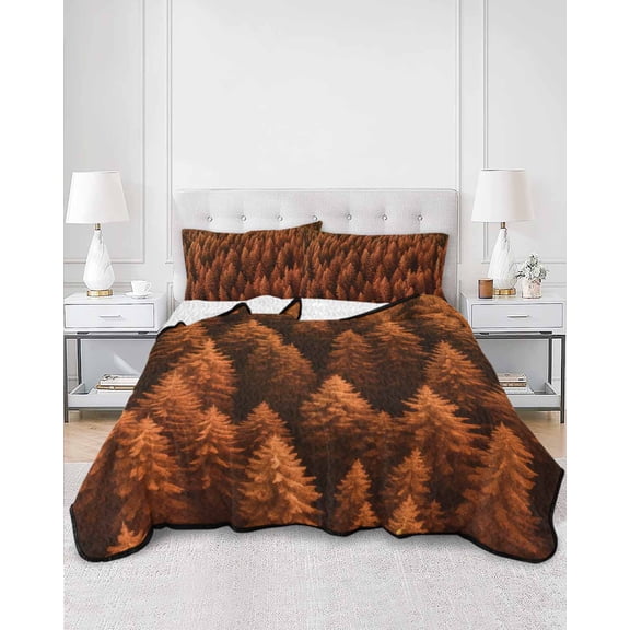 Quilts Full Size, Burnt Orange Forest Soft Comforter Bedding Set for Bed, Pine Trees Modern Mysterious Art Lightweight Quilted Bedspread with Pillow Cover(2 Pieces) for All Season, 78x90 Inch