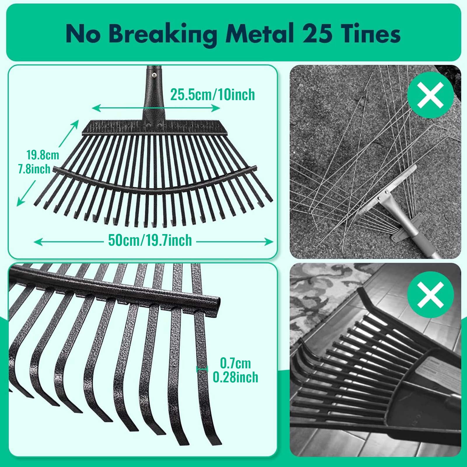 Rake - 69.3 Inch Long Garden Leaf Rake, 19.7 Inch Wide Heavy Duty Leaf Rake for Shrub with 25 Metal Tines, Yard Thatchibng Rake with Ergonomics Adjustable Handle for Picking Leaves
