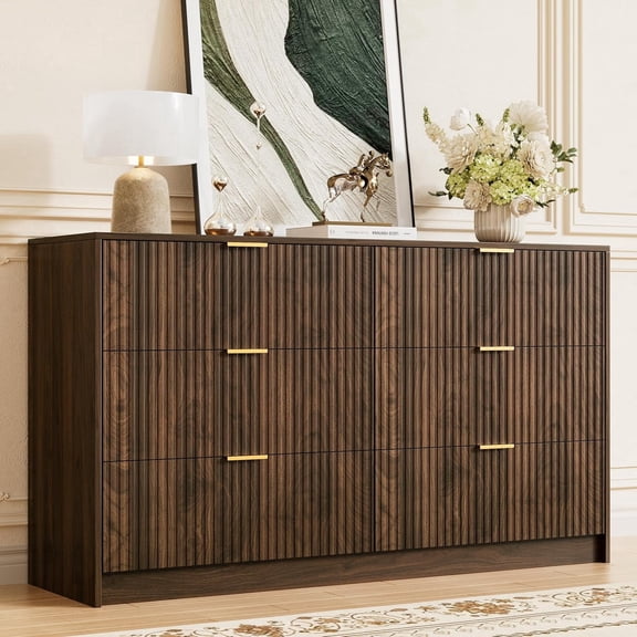 FURNIWAY Walnut 6 Drawer Dresser for Bedroom, 55 Inch Wide Modern Chest of Drawers with Fluted Wood Front and Gold Metal Handles for Living Room Hallway