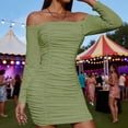 thumbnail image 6 of Off the Shoulder Bodycon Dresses Womens Long Sleeve Ruched Elegant Cocktail Party Mini Dress Business Evening Gown Green, XL, 6 of 6