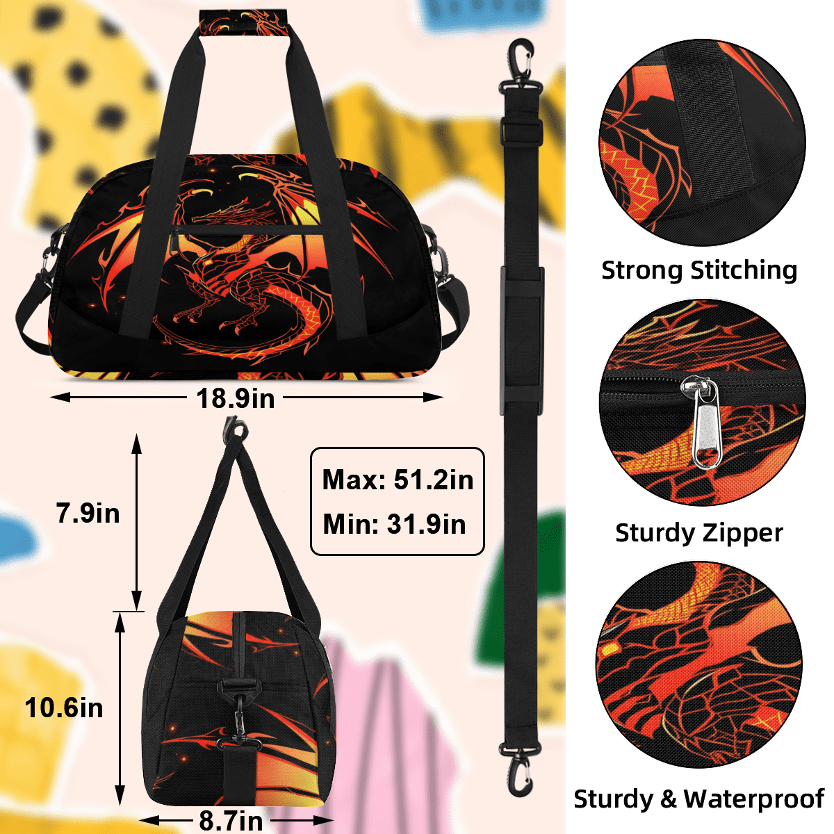 Herdesigns Funny Dinosaur Sports Duffle Bag for Women & Men, Cool Dinosaur Gym Bag Dance Bag Overnight Bag Carry On Weekender Travel Bag