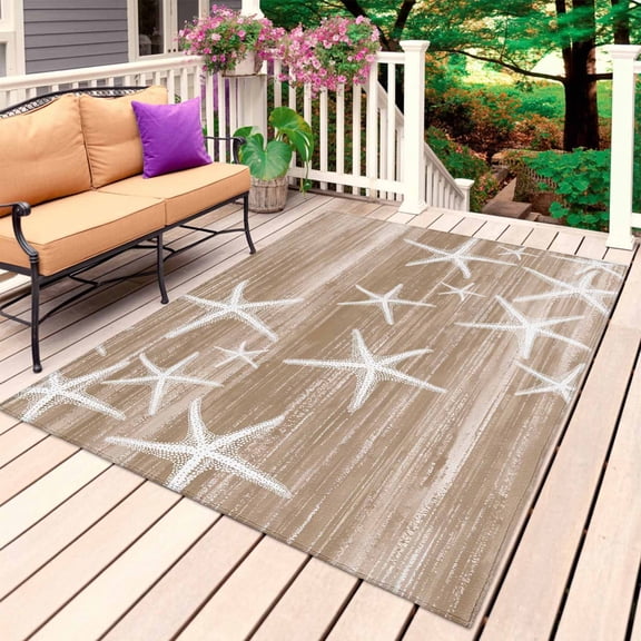 Brown Coastal Outdoor Rug 4x6 Ft, Non Slip Washable Area Rug, Summer Ocean Waves Ombre Sea Starfish Patio Rugs Carpet Runner, Large Floor Mat for Indoor/Outdoor Deck Porch Camping