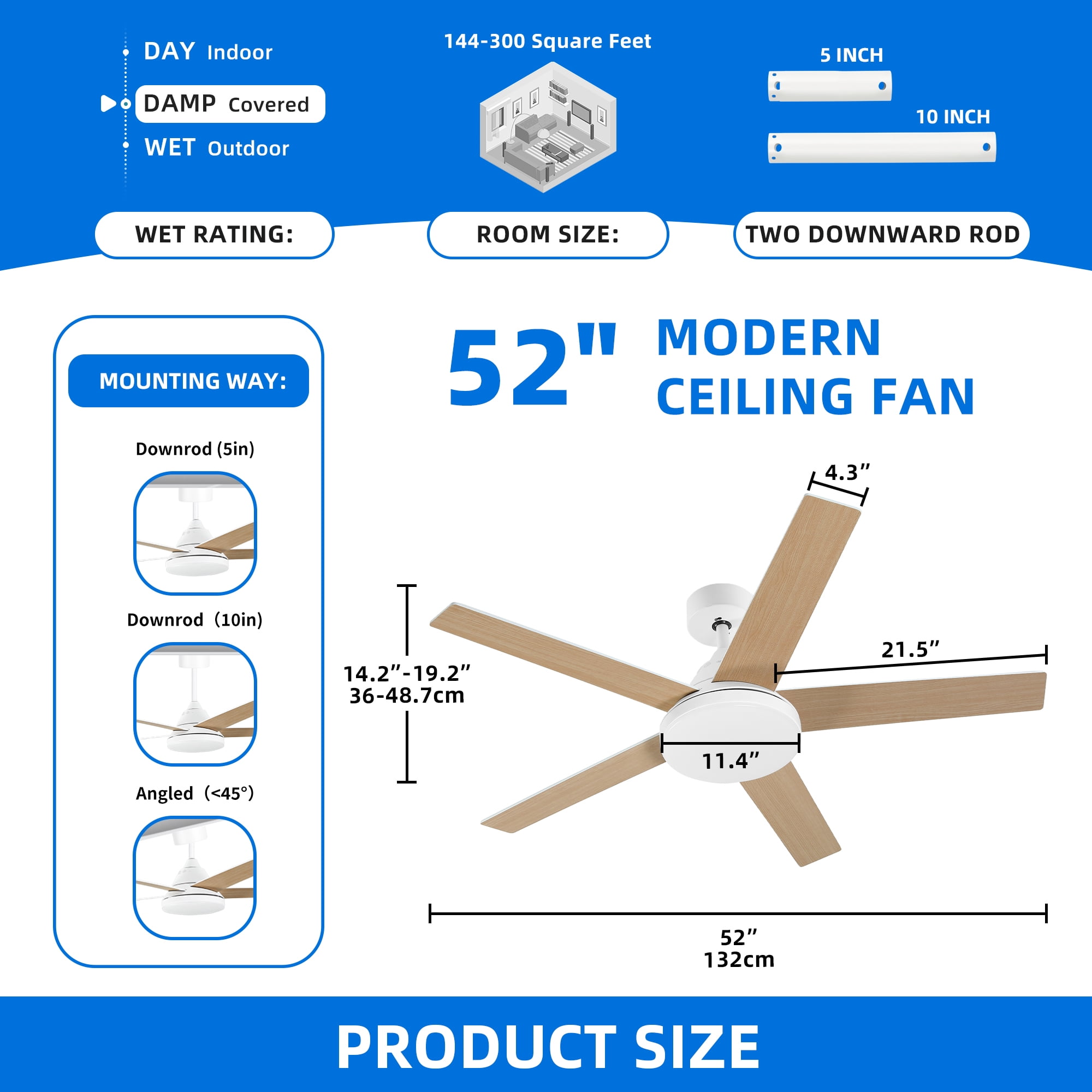 Dextrus 52" Ceiling Fan with Light and Remote Control, Modern Ceiling Fan with 6-Speed Quiet  DC Motor 5 Fan Blades